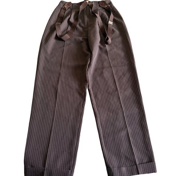 Just For Wraps Women's 9/10 Brown Pin Striped Pants with Suspenders - Picture 1 of 5